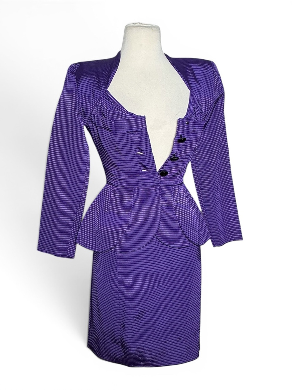 Vintage 1980s Vicky Tiel Couture Peplum Silk 2pc Blazer & Skirt Set Size XS